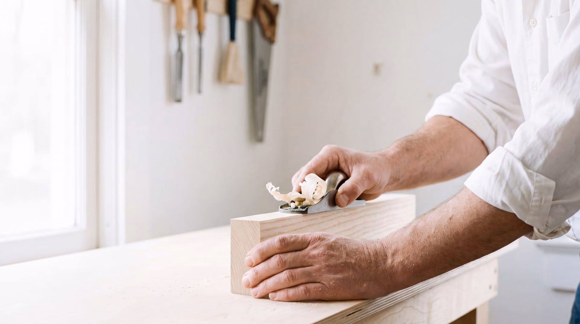 Les mains d'un artisan à l'établi, en pleine lumière : l'une tient un bloc de bois clair, l'autre pousse un rabot d'où s'enroule un copeau ; des ciseaux à bois alignés au mur.